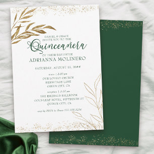 Invitation Élégante Quinceanera et Messe Verte et Feuille d'O