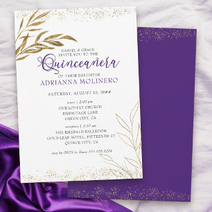 Invitation Élégante Quinceanera et Messe Violet et Feuille d'