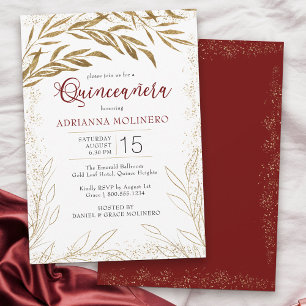 Invitation Élégante Quinceanera feuilles rouges et dorées