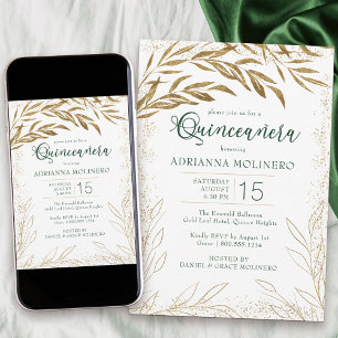Invitation Élégante Quinceanera feuilles vert émeraude et or
