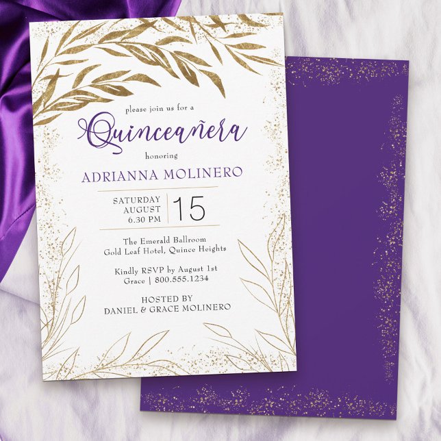 Invitation Elégante Quinceanera Feuilles violet et or (Modern Quinceanera invitation in white, purple and gold from my Gold Leaf Collection)