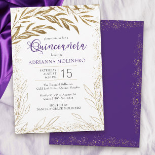Invitation Élégante Quinceanera feuilles violettes et dorées