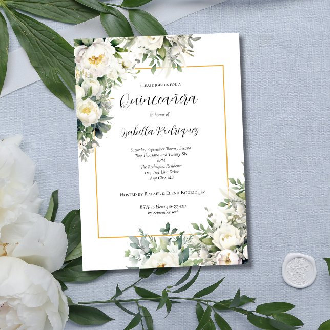 Invitation Élégante Quinceañera Fleur Blanche Bordure Dorée (Elegant White Floral with Gold Border Quinceanera Invitation)