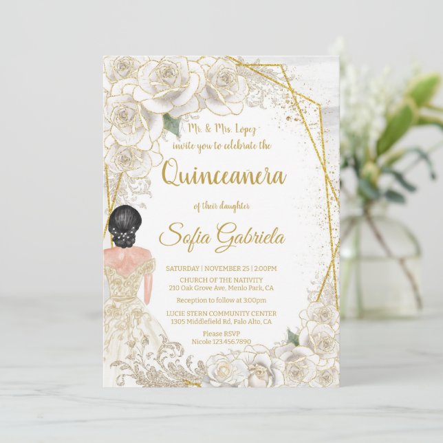 Invitation Élégante Quinceañera Fleur Champagne Or Vintage (Debout devant)