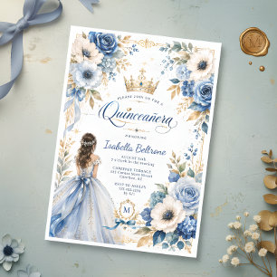 Invitation Élégante Quinceañera Fleurie Princesse Bleu Or