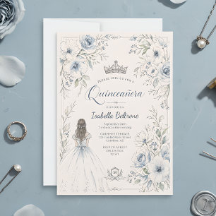 Invitation Elégante Quinceañera Fleurie Princesse Bleue