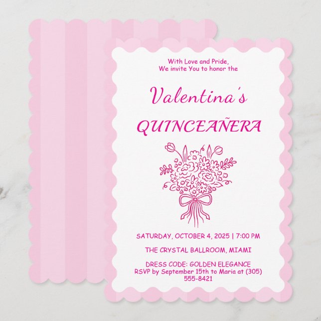 Invitation Elégante Quinceañera Floral Bouquet | Rose et blan (Devant / Derrière)