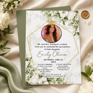 Invitation Élégante Quinceañera Florale Blanche et Verte Saug