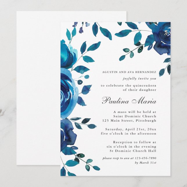 Invitation Elégante Quinceañera Florale Bleue (Devant / Derrière)
