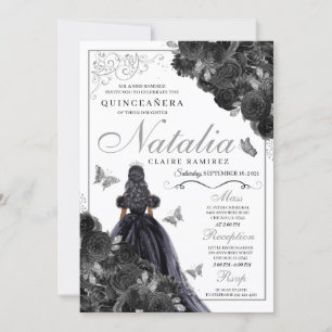 Invitation Elégante Quinceanera Florale Noir et Argent Invita