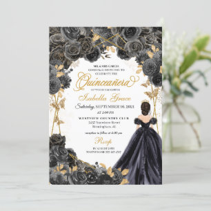 Invitation Elégante Quinceanera Florale Noir et Or
