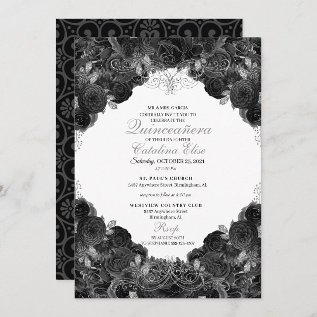 Invitation Elégante Quinceanera florale noire et argent (Devant / Derrière)