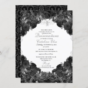 Invitation Elégante Quinceanera florale noire et argent