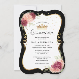 Invitation Élégante Quinceanera florale noire et rose or
