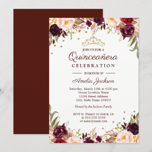Invitation Élégante Quinceanera Florale Or Bourgogne