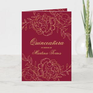 Invitation Élégante Quinceanera Florale Or Bourgogne en Beaux