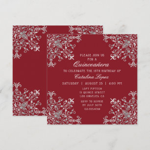 Invitation Elégante Quinceañera florale ornée d'argent bordea