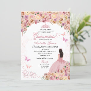 Invitation Elégante Quinceanera Florale Peach Rose Push