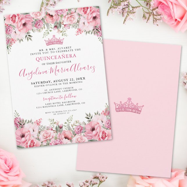Invitation Élégante Quinceañera Florale Rose (Elegant Floral Pink Quinceanera Invitation)