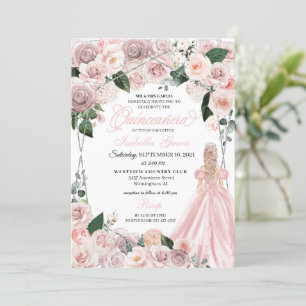 Invitation Elégante Quinceanera florale rose et argent