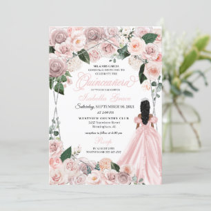 Invitation Elégante Quinceanera florale rose et argent I