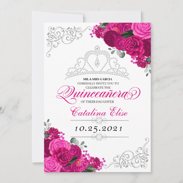 Invitation Elégante Quinceanera florale rose Fuchsia argent (Devant)