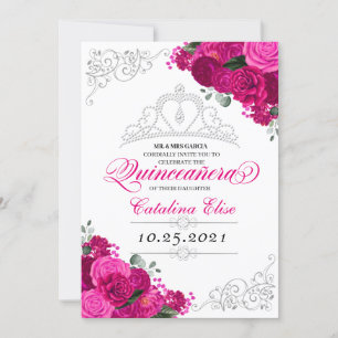 Invitation Elégante Quinceanera florale rose Fuchsia argent