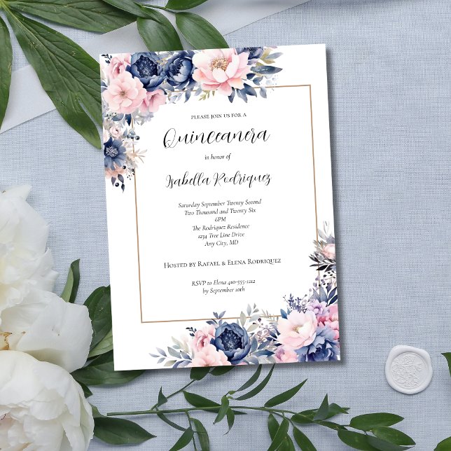 Invitation Elégante Quinceanera Florale Rose Marine (Elegant Navy Blue and Pink Floral Quinceanera Invitation)