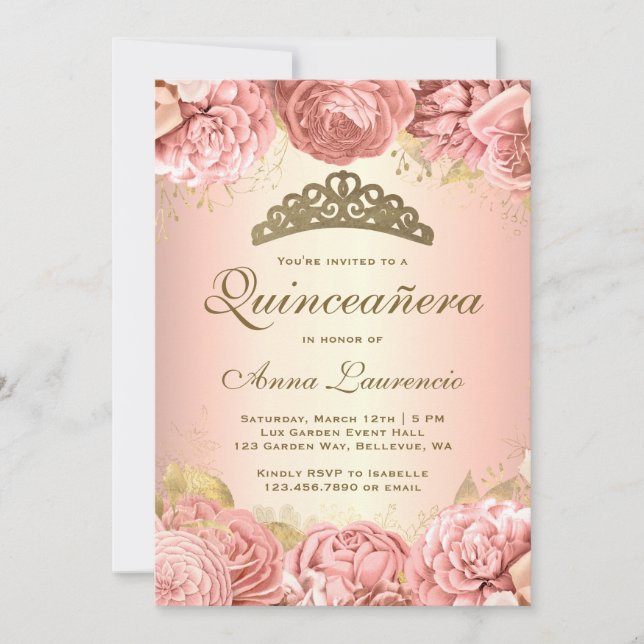 Invitation Élégante Quinceanera florale rose pâle (Devant)