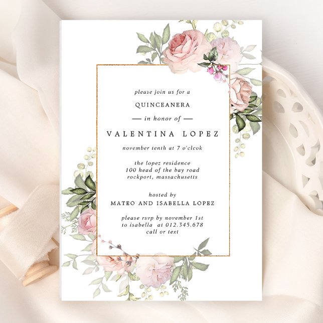 Invitation Élégante Quinceanera florale rose pâle (Créateur téléchargé)