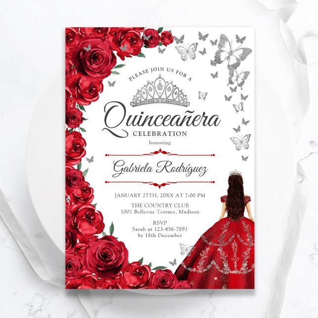Invitation Elégante Quinceanera Florale Roses Rouges (Créateur téléchargé)