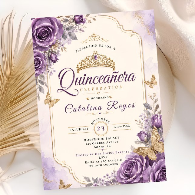 Invitation Élégante Quinceañera Florale Violette (Créateur téléchargé)