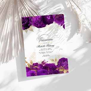 Invitation Élégante Quinceañera Florale Violette et Or