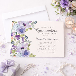 Invitation Élégante Quinceañera Horizontale Fleurie Bleu Lila