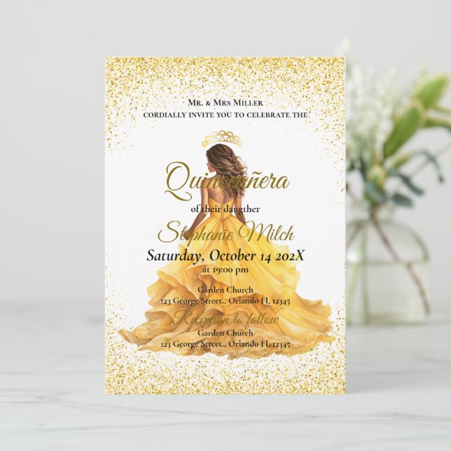 Invitation Élégante quinceanera jaune (Debout devant)