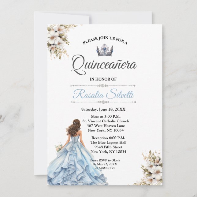 Invitation Elégante Quinceanera moderne bleu et argent (Devant)