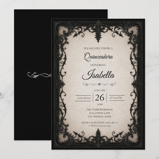 Invitation Élégante Quinceañera Noir Blanc (Devant / Derrière)