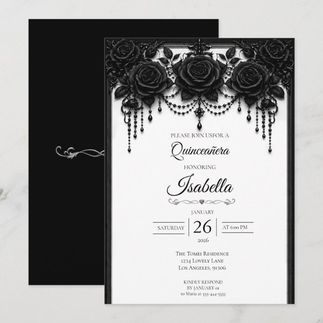 Invitation Élégante Quinceañera Noir Blanc (Devant / Derrière)