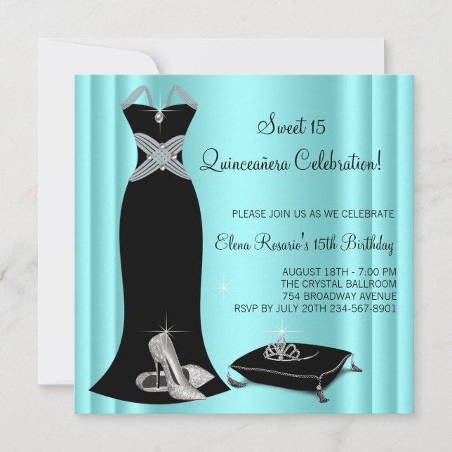 Invitation Elégante Quinceanera noire et bleue Turquoise (Devant)