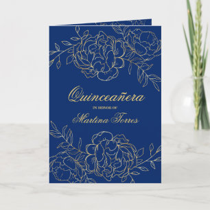 Invitation Élégante Quinceanera Or et Bleu Royal Fleurs Fines