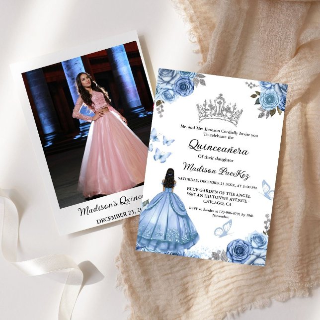 Invitation Elégante Quinceanera Papillon Floral bleu Dusty (Créateur téléchargé)