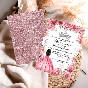 Invitation Elégante Quinceanera papillon rose pâle rose