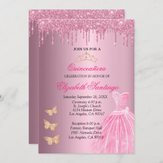 Invitation Elégante Quinceañera Parties scintillant rose et o