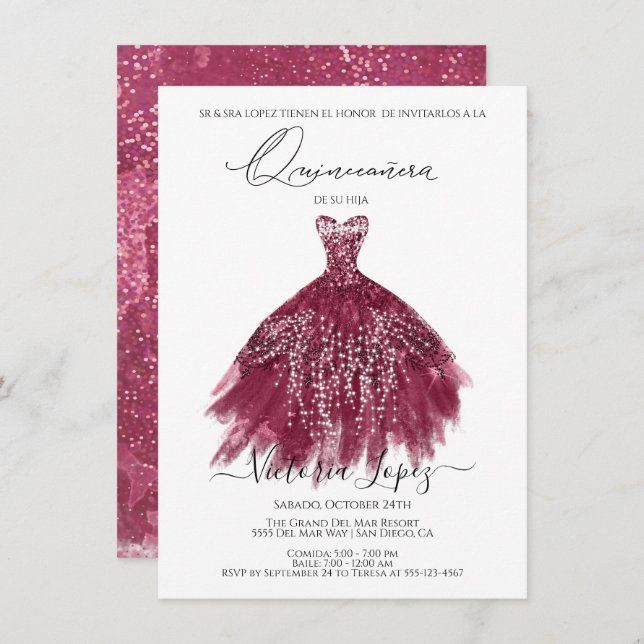 Invitation Elégante Quinceañera Parties scintillant Sparkle E (Devant / Derrière)