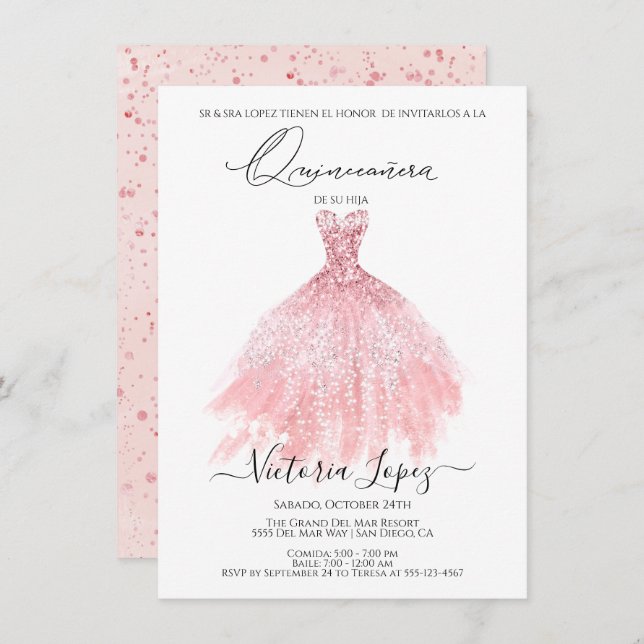 Invitation Elégante Quinceañera Parties scintillant Sparkle E (Devant / Derrière)