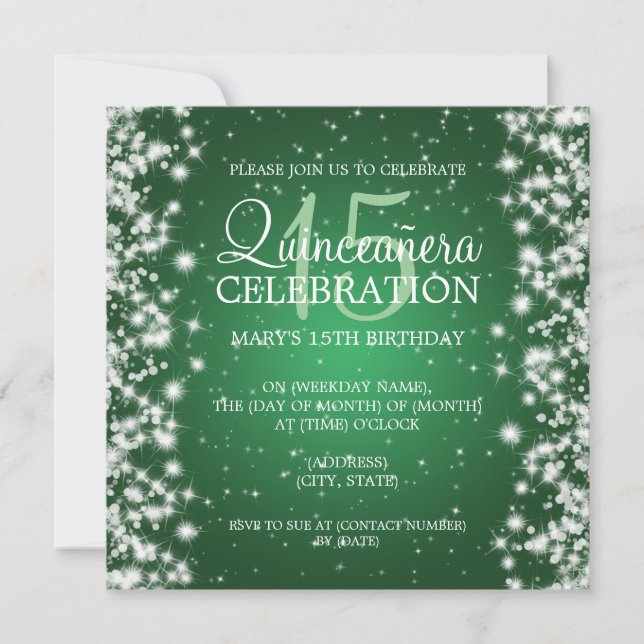 Invitation Élégante Quinceañera Party Hiver 2 Vert (Devant)