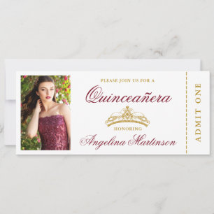 Invitation Elégante Quinceanera photo Billet Bourgogne et or