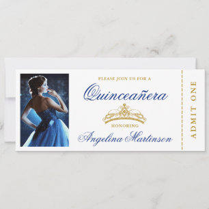 Invitation Elégante Quinceanera Photo Billet Royal Blue Gold