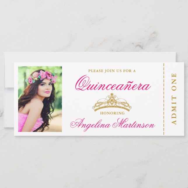 Invitation Elégante Quinceanera Photo Hot Pink et Gold Ticket (Devant)