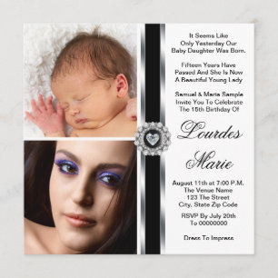 Invitation Elégante Quinceanera photo noir et blanc d'argent